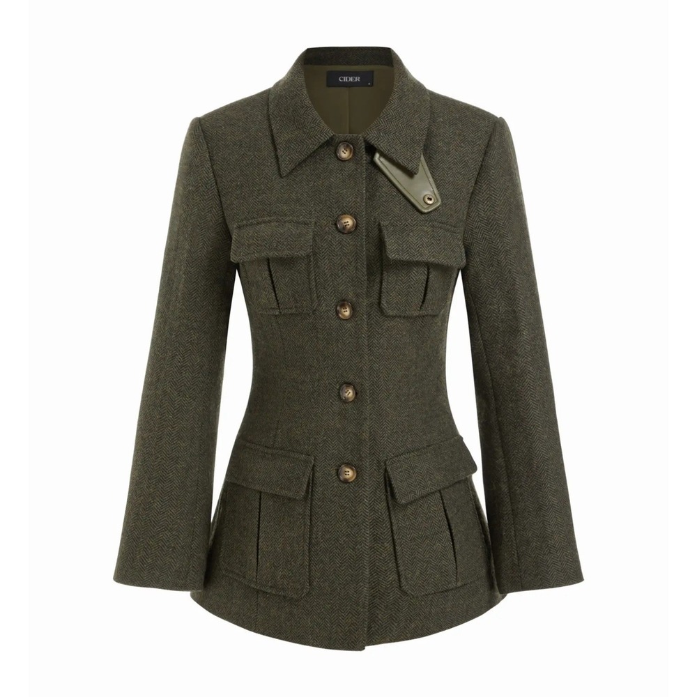 $95 Cider Women's Wool Blend Olive Collar Pocket Cinched Waist Jacket Size L